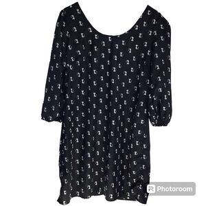 Kitty Cat Print 3/4 Sleeves Exposed Zipper Black & White Dress Large
